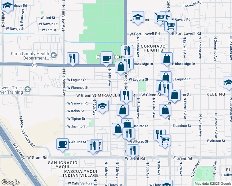 map of restaurants, bars, coffee shops, grocery stores, and more near 432 West Glenn Street in Tucson