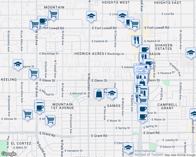 map of restaurants, bars, coffee shops, grocery stores, and more near 2801 North Highland Avenue in Tucson