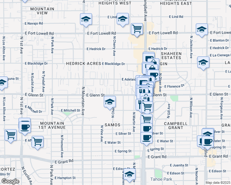 map of restaurants, bars, coffee shops, grocery stores, and more near 1618 East Glenn Street in Tucson