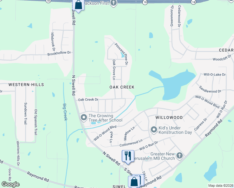 map of restaurants, bars, coffee shops, grocery stores, and more near 4956 Oak Creek Drive in Jackson