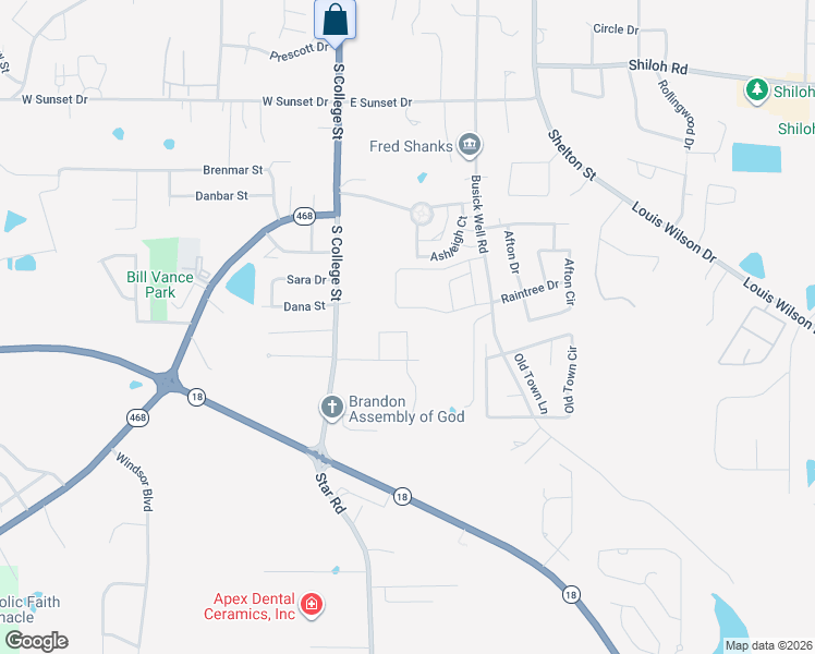map of restaurants, bars, coffee shops, grocery stores, and more near 935 South College Street in Brandon