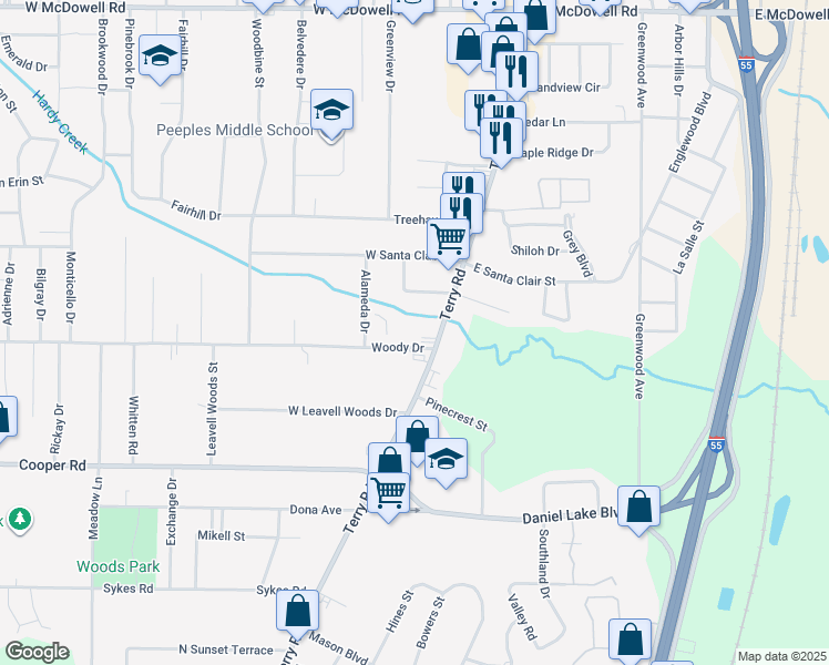 map of restaurants, bars, coffee shops, grocery stores, and more near 2 Woody Drive in Jackson