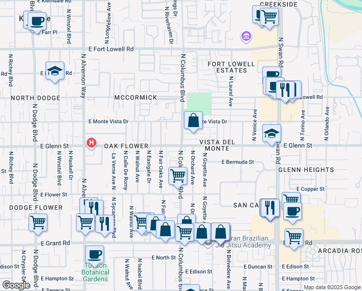 map of restaurants, bars, coffee shops, grocery stores, and more near E Glenn St & N Columbus Blvd in Tucson