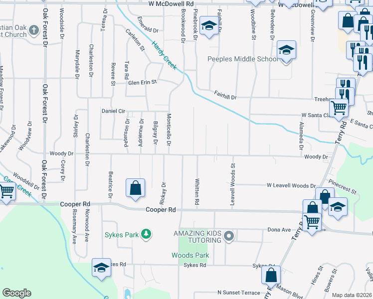 map of restaurants, bars, coffee shops, grocery stores, and more near 416 Woody Drive in Jackson