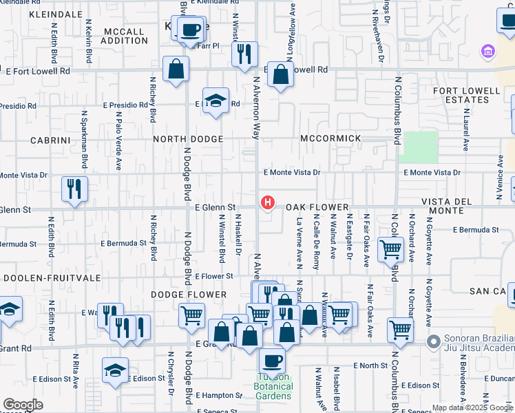 map of restaurants, bars, coffee shops, grocery stores, and more near N Alvernon Way & E Glenn St in Tucson