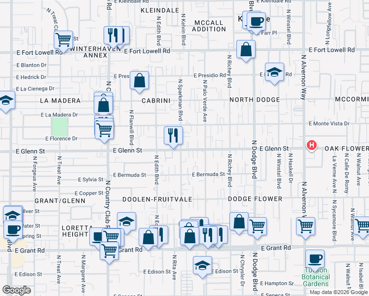map of restaurants, bars, coffee shops, grocery stores, and more near 3404 East Glenn Street in Tucson
