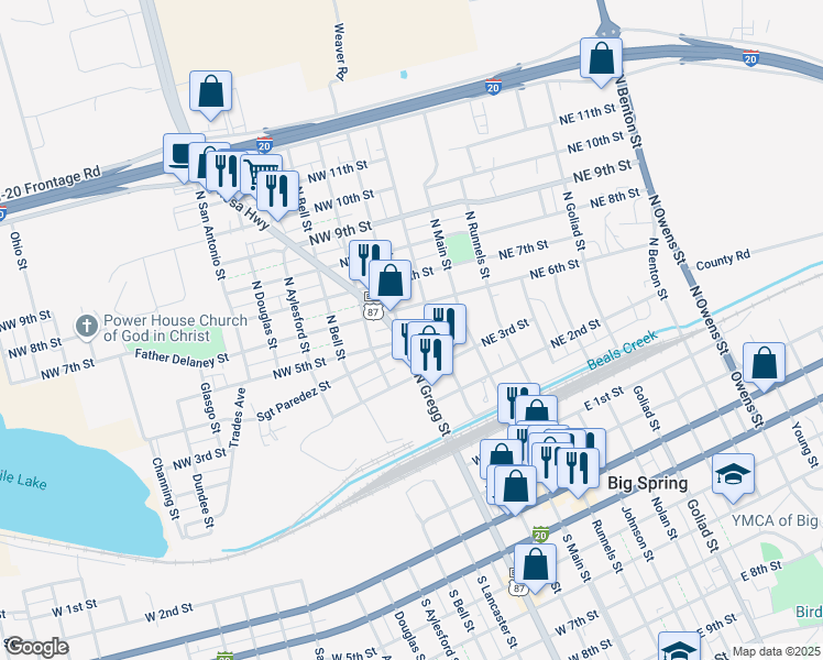 map of restaurants, bars, coffee shops, grocery stores, and more near 400 North Gregg Street in Big Spring