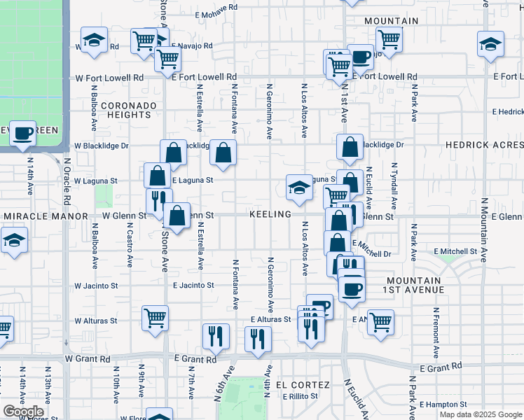 map of restaurants, bars, coffee shops, grocery stores, and more near 2766 North Geronimo Avenue in Tucson