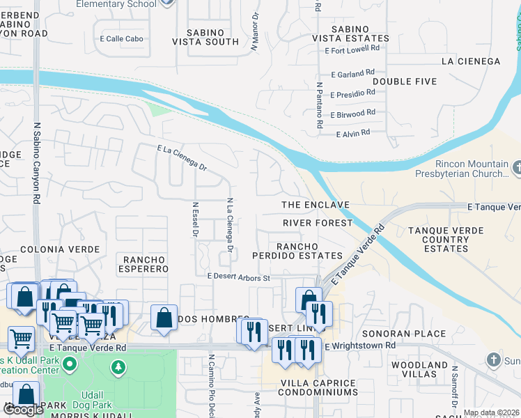 map of restaurants, bars, coffee shops, grocery stores, and more near 7730 East River Forest Place in Tucson