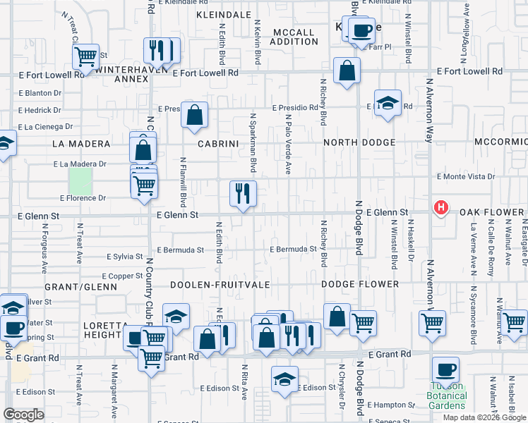 map of restaurants, bars, coffee shops, grocery stores, and more near 3404 East Glenn Street in Tucson