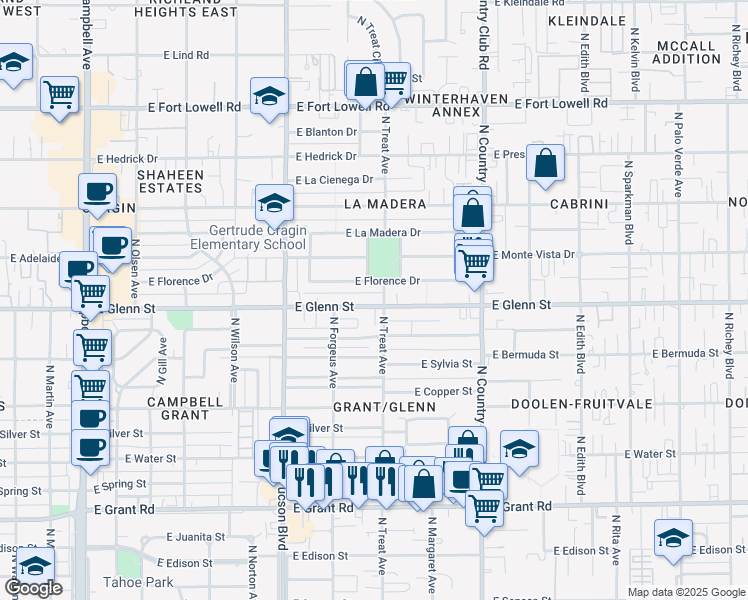map of restaurants, bars, coffee shops, grocery stores, and more near 2802 East Glenn Street in Tucson