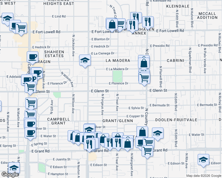 map of restaurants, bars, coffee shops, grocery stores, and more near 2634 East Glenn Street in Tucson