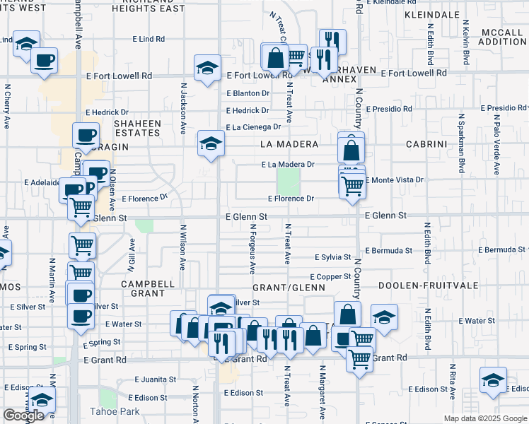 map of restaurants, bars, coffee shops, grocery stores, and more near 2634 East Glenn Street in Tucson
