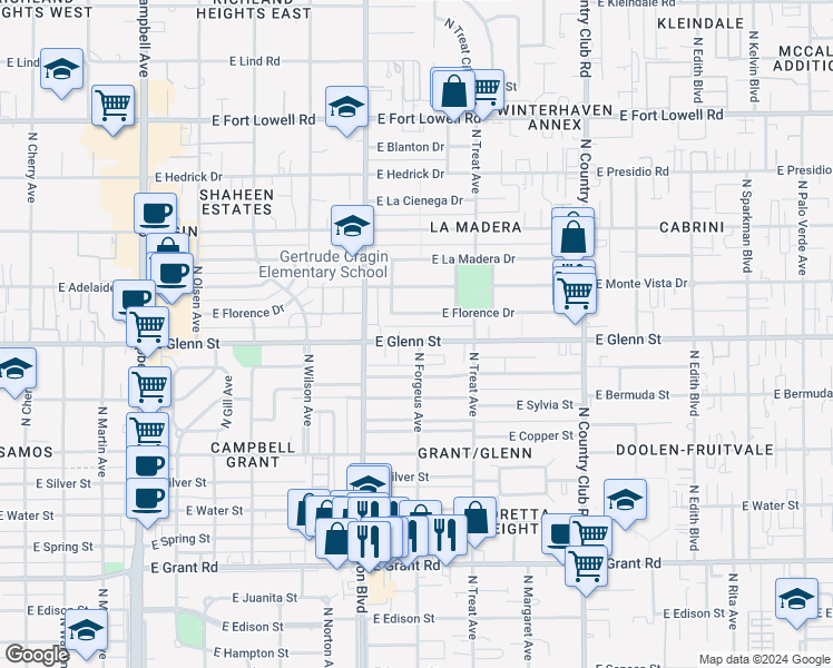 map of restaurants, bars, coffee shops, grocery stores, and more near 2538 East Glenn Street in Tucson