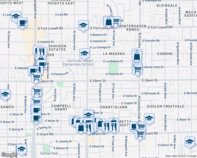 map of restaurants, bars, coffee shops, grocery stores, and more near 2538 East Glenn Street in Tucson