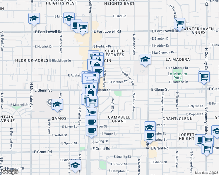 map of restaurants, bars, coffee shops, grocery stores, and more near 2011 East Glenn Street in Tucson