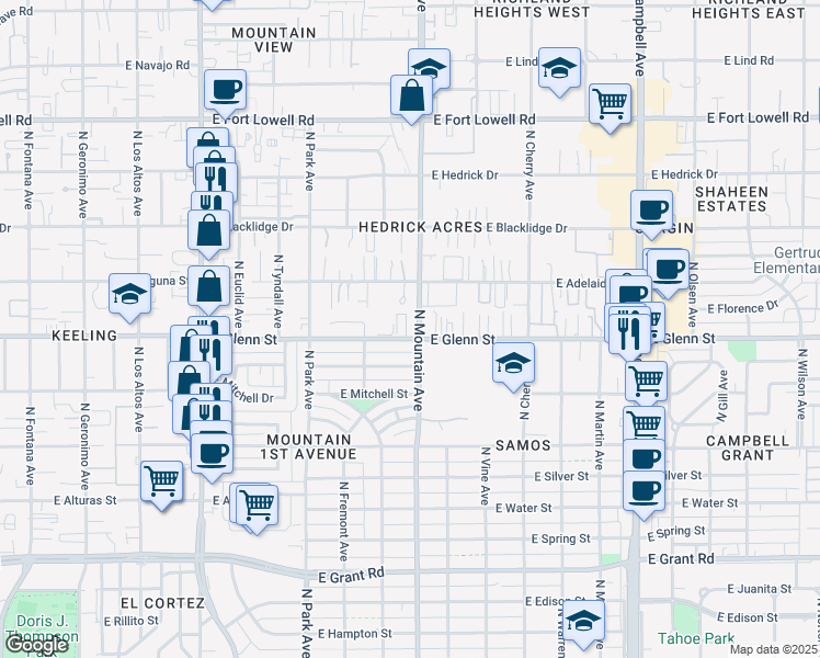 map of restaurants, bars, coffee shops, grocery stores, and more near 1132 East Glenn Street in Tucson