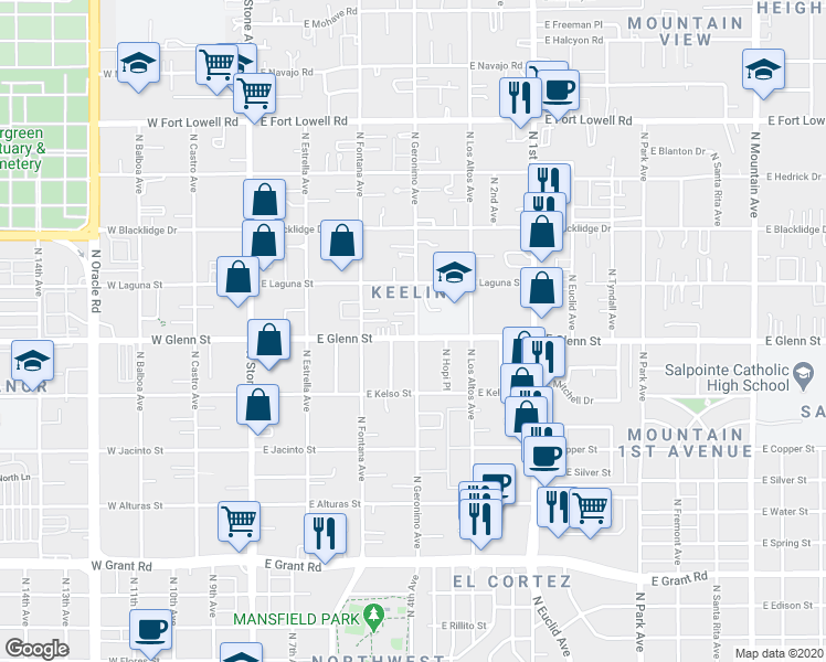 map of restaurants, bars, coffee shops, grocery stores, and more near 2766 North Geronimo Avenue in Tucson