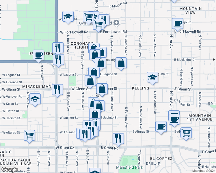 map of restaurants, bars, coffee shops, grocery stores, and more near in Tucson