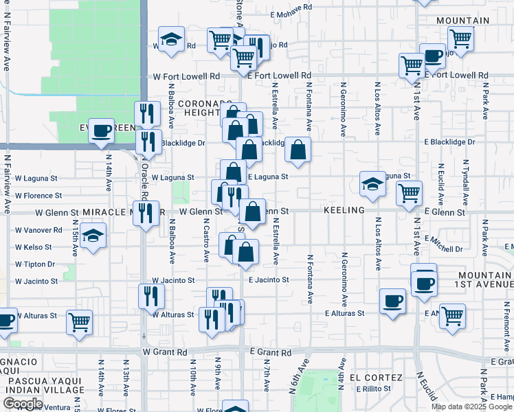 map of restaurants, bars, coffee shops, grocery stores, and more near in Tucson
