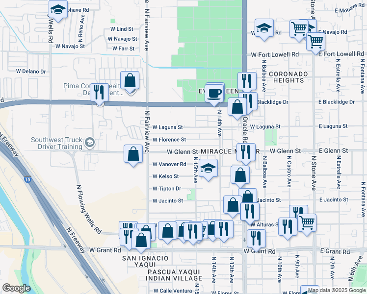 map of restaurants, bars, coffee shops, grocery stores, and more near 742 West Glenn Street in Tucson