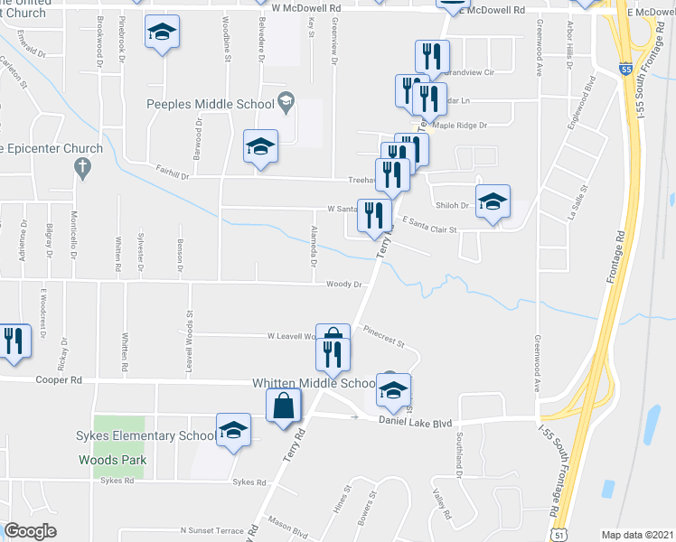 map of restaurants, bars, coffee shops, grocery stores, and more near 2 Woody Drive in Jackson
