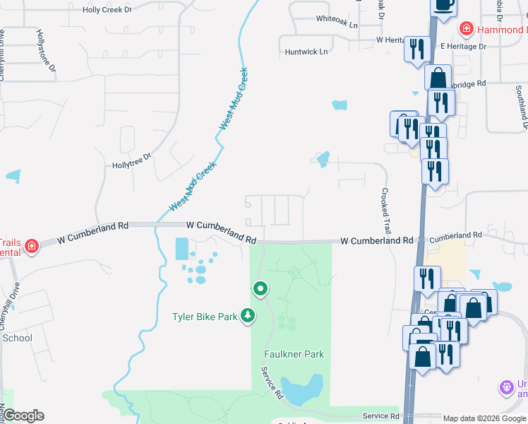 map of restaurants, bars, coffee shops, grocery stores, and more near 421 West Cumberland Road in Tyler