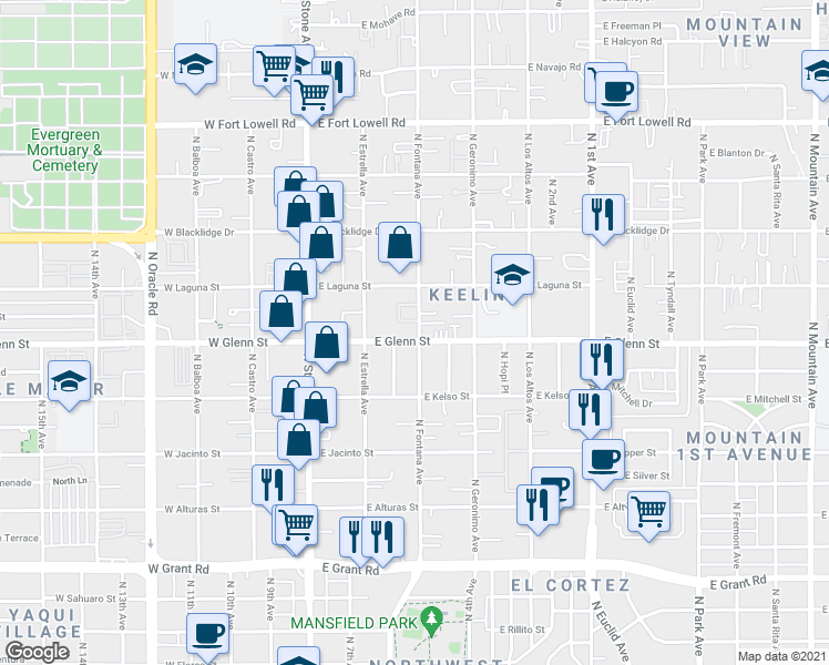 map of restaurants, bars, coffee shops, grocery stores, and more near 2800 North Fontana Avenue in Tucson