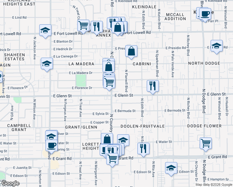 map of restaurants, bars, coffee shops, grocery stores, and more near 3100 East Glenn Street in Tucson