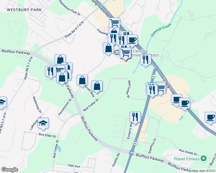 map of restaurants, bars, coffee shops, grocery stores, and more near 4415 Bluffton Parkway in Bluffton