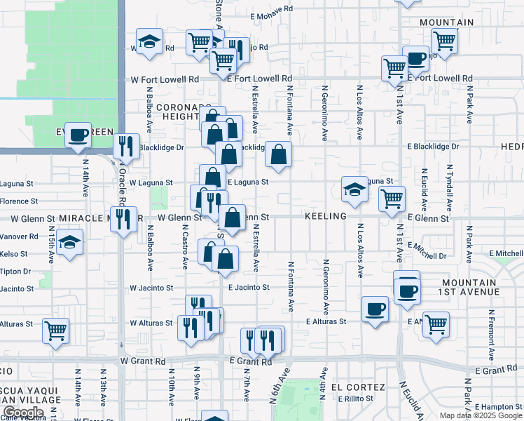 map of restaurants, bars, coffee shops, grocery stores, and more near 132 East Glenn Street in Tucson