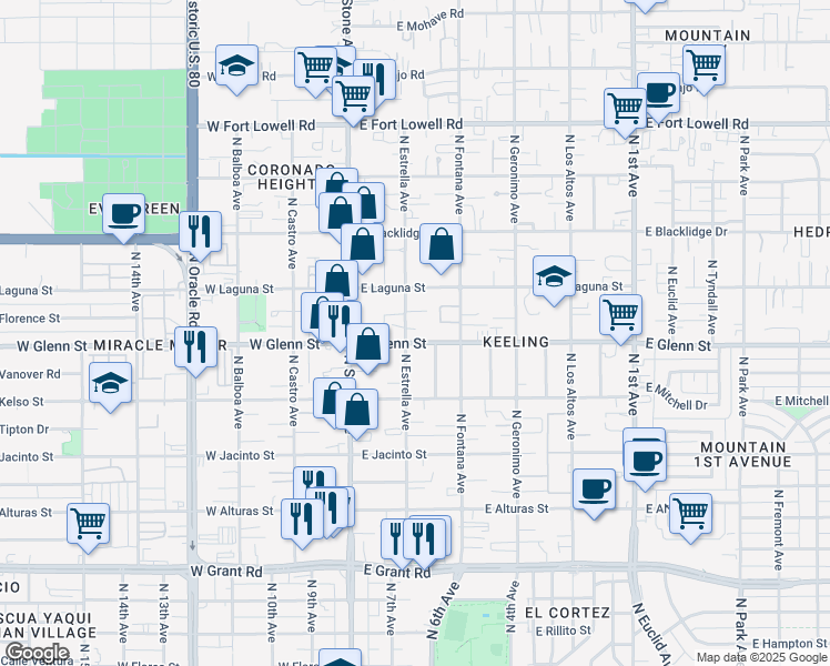 map of restaurants, bars, coffee shops, grocery stores, and more near in Tucson