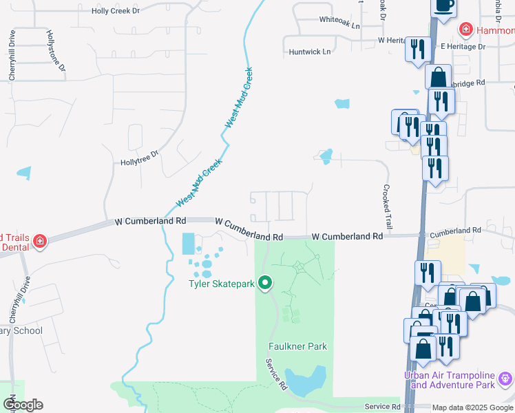map of restaurants, bars, coffee shops, grocery stores, and more near 421 West Cumberland Road in Tyler