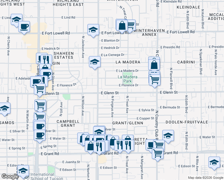 map of restaurants, bars, coffee shops, grocery stores, and more near 2538 East Glenn Street in Tucson