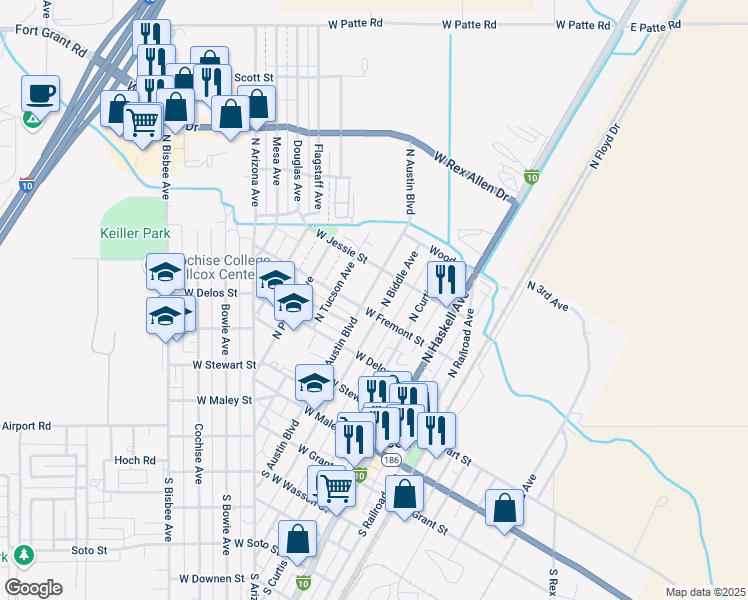 map of restaurants, bars, coffee shops, grocery stores, and more near 373 North Austin Boulevard in Willcox
