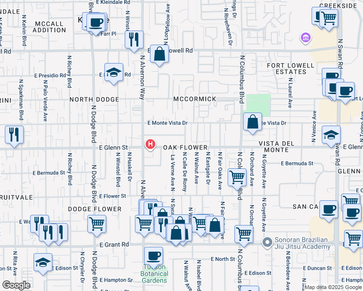 map of restaurants, bars, coffee shops, grocery stores, and more near 2762 La Verne Avenue North in Tucson