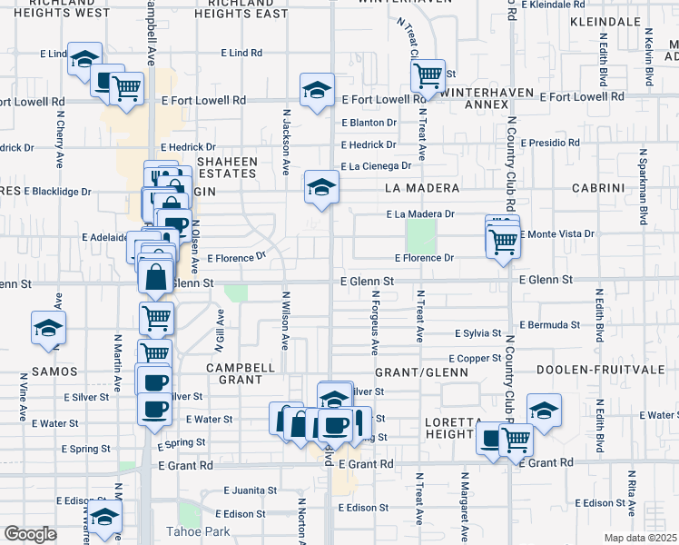 map of restaurants, bars, coffee shops, grocery stores, and more near in Tucson