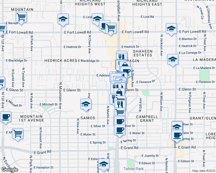 map of restaurants, bars, coffee shops, grocery stores, and more near 1726 East Glenn Street in Tucson