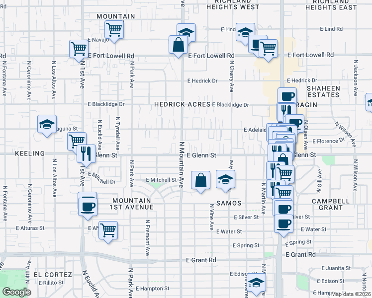 map of restaurants, bars, coffee shops, grocery stores, and more near in Tucson