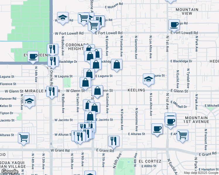 map of restaurants, bars, coffee shops, grocery stores, and more near 132 East Glenn Street in Tucson