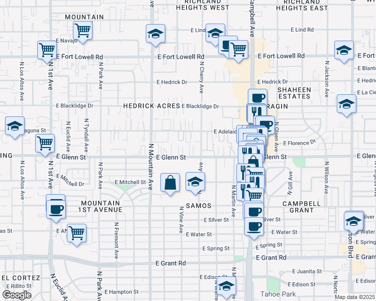 map of restaurants, bars, coffee shops, grocery stores, and more near 1505 East Glenn Street in Tucson