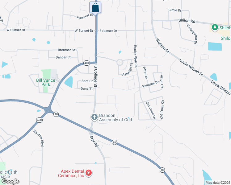 map of restaurants, bars, coffee shops, grocery stores, and more near 935 South College Street in Brandon