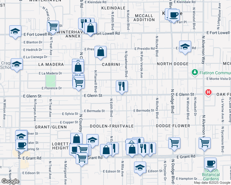 map of restaurants, bars, coffee shops, grocery stores, and more near 3322 East Popinac Loop in Tucson