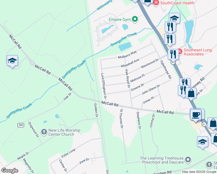 map of restaurants, bars, coffee shops, grocery stores, and more near 222 Greene Drive in Rincon