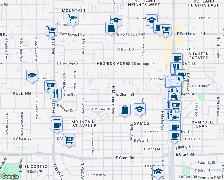 map of restaurants, bars, coffee shops, grocery stores, and more near in Tucson