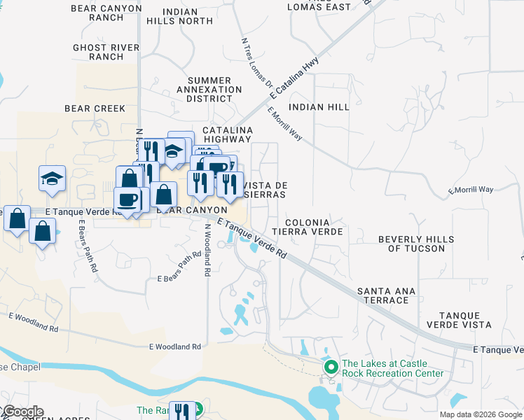 map of restaurants, bars, coffee shops, grocery stores, and more near 9225 East Tanque Verde Road in Tucson