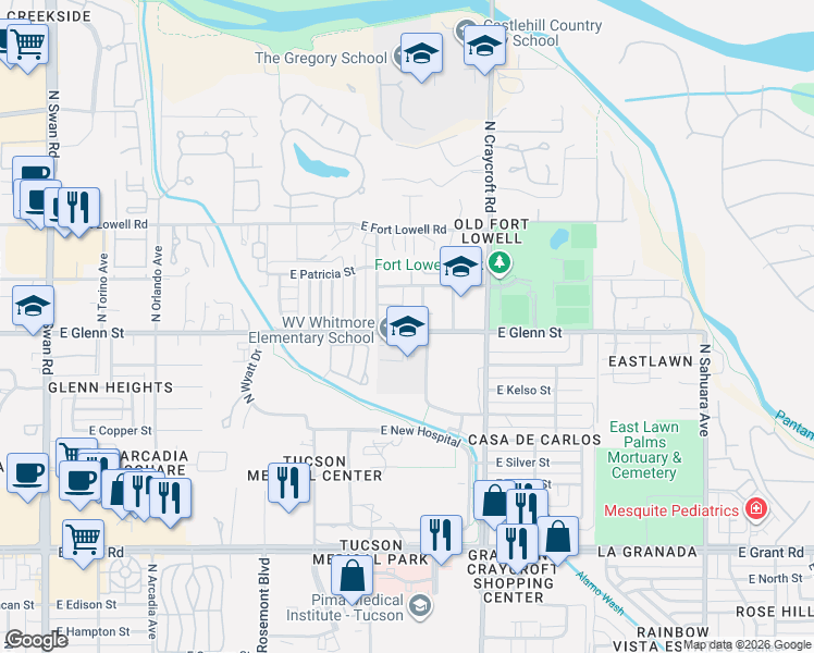 map of restaurants, bars, coffee shops, grocery stores, and more near 5330 East Glenn Street in Tucson