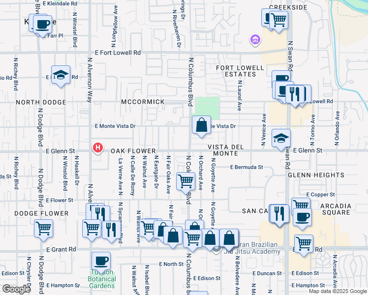 map of restaurants, bars, coffee shops, grocery stores, and more near in Tucson