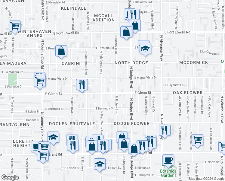 map of restaurants, bars, coffee shops, grocery stores, and more near 3526 East Glenn Street in Tucson