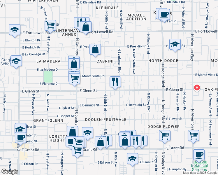 map of restaurants, bars, coffee shops, grocery stores, and more near 3322 East Popinac Loop in Tucson